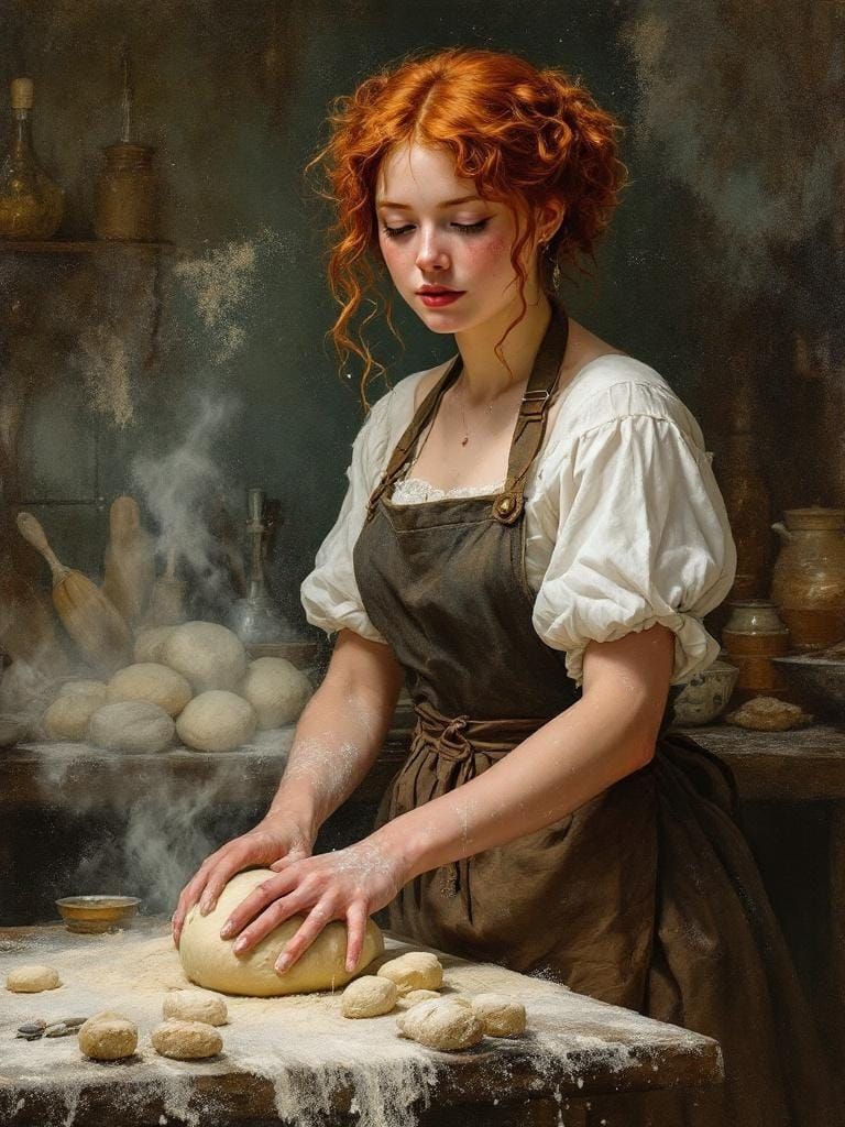 Redhead Baker Kneading Dough in Kitchen, Art Nouveau Style