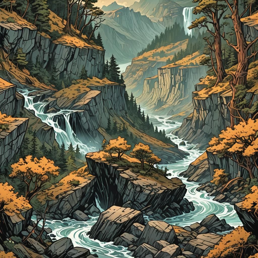 Surreal Landscape: Waves, Forests, and Distant Fires