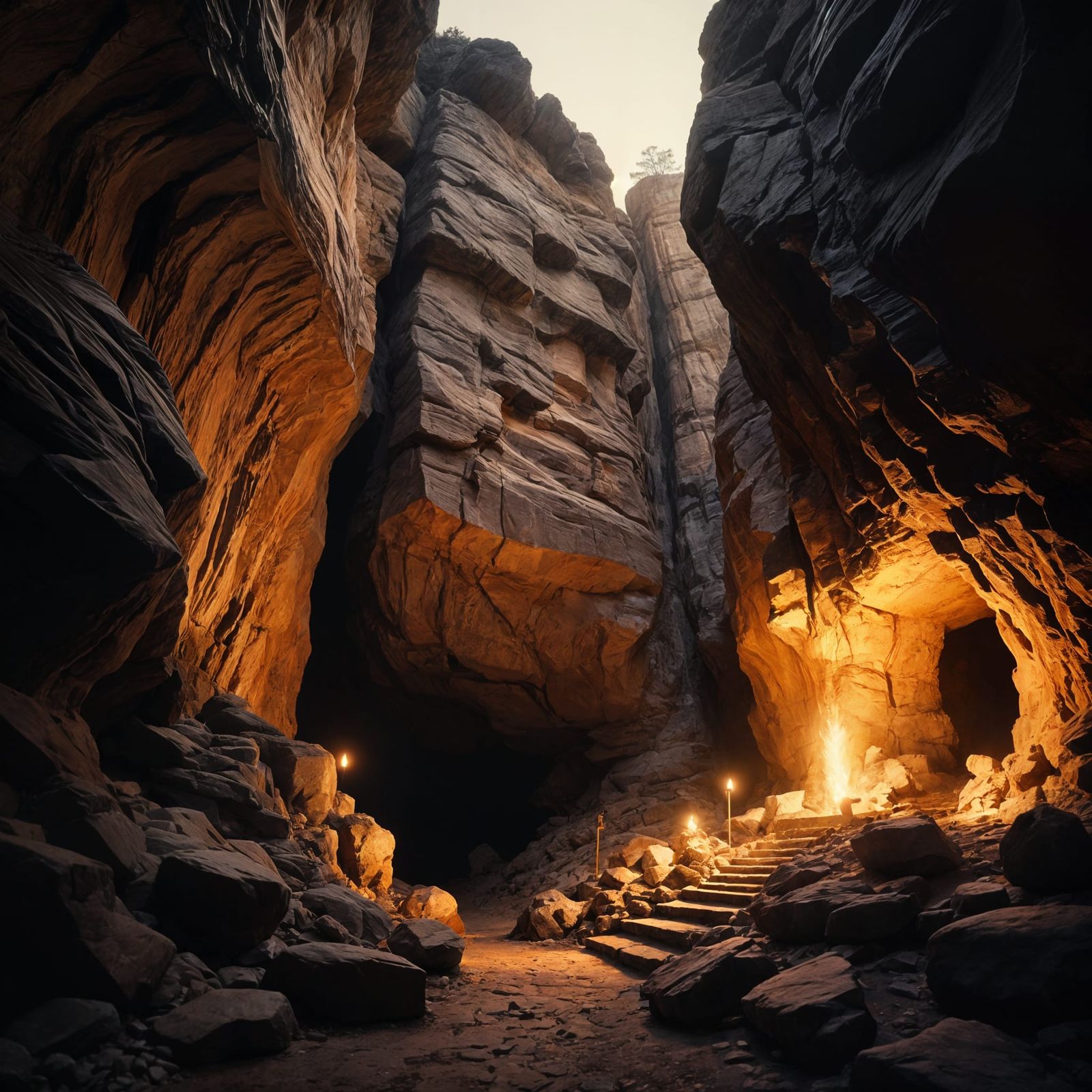 Ancient Cave Entrance in Warm Red Glow