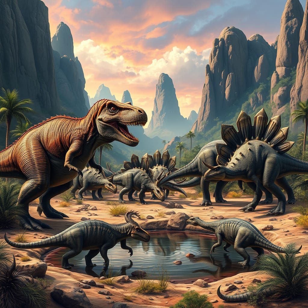 Allosaurus Confronts Stegosaurus in Jurassic Landscape