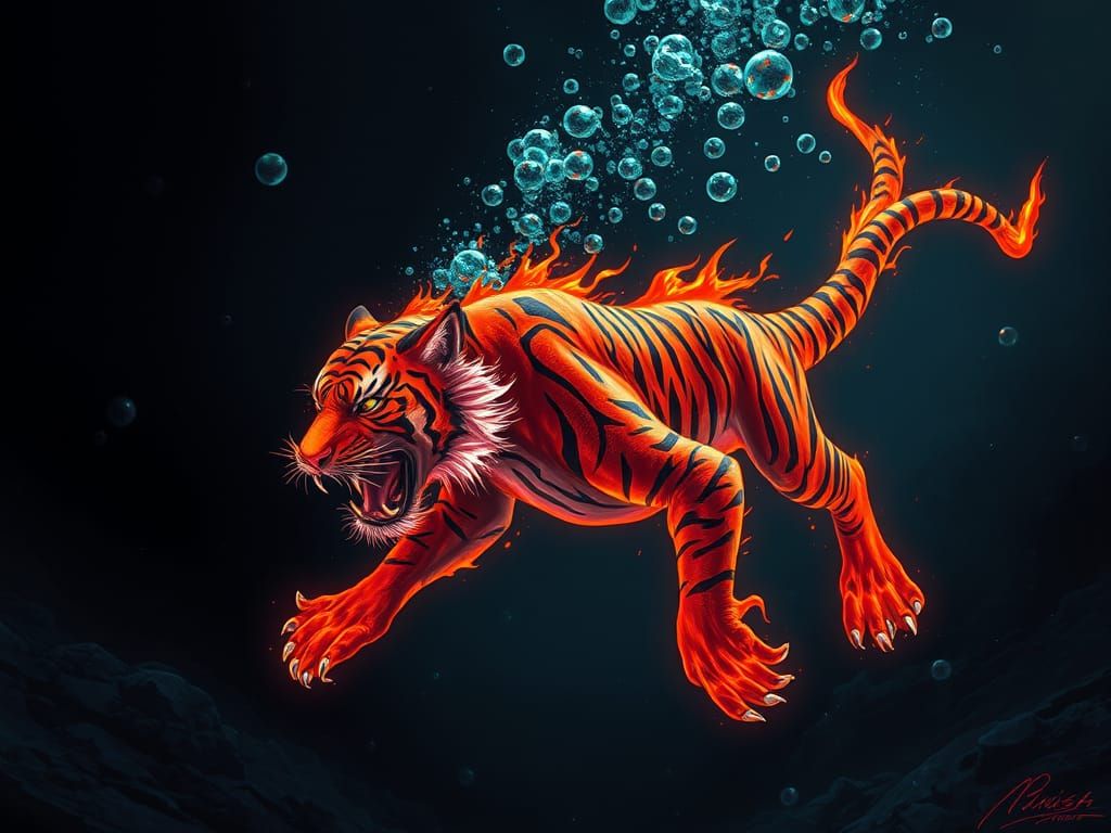 Cyberpunk Tiger Emerges from Dark Ocean Depths