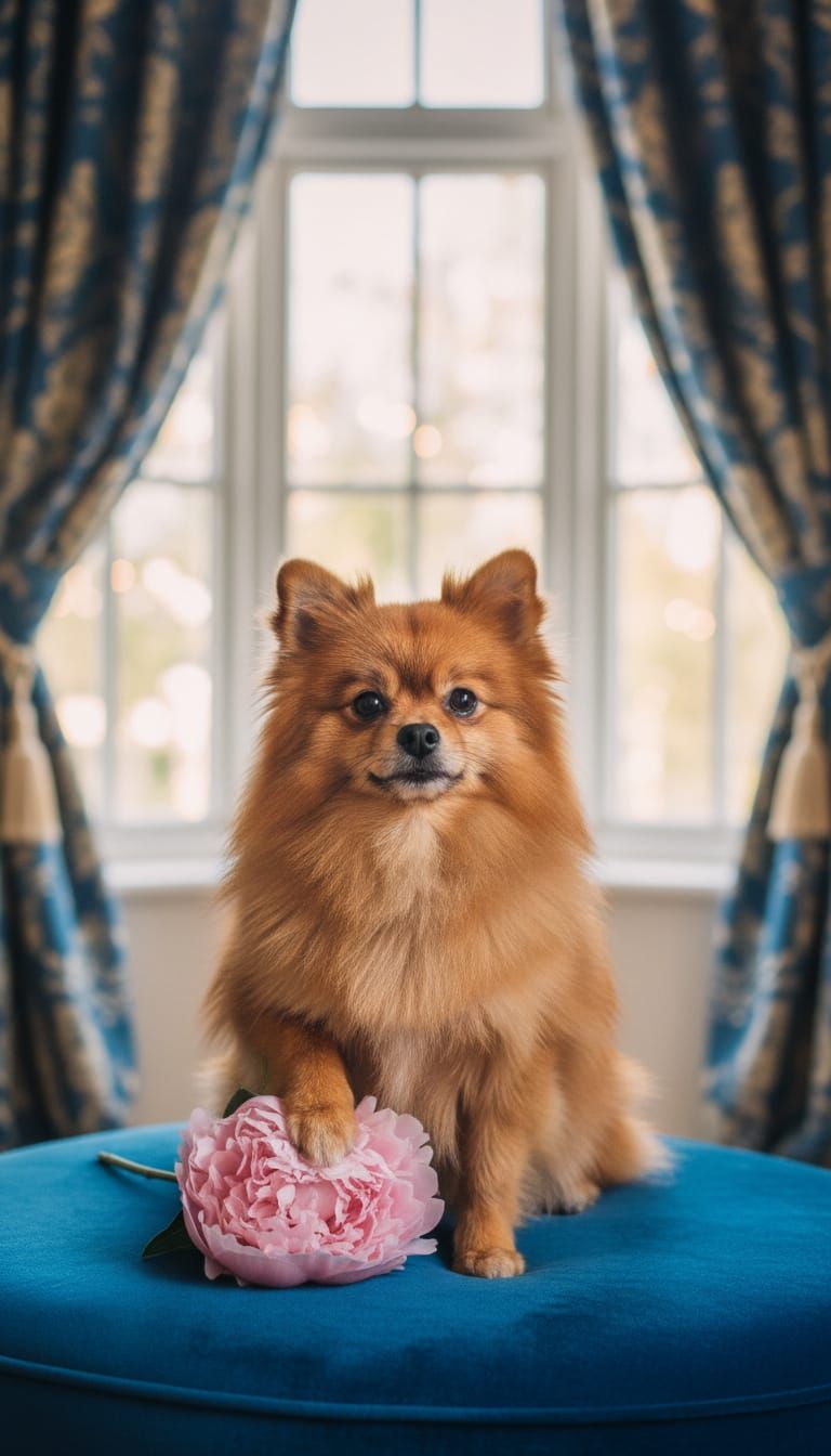Caramel Pomeranian with Peony on Blue Pouf