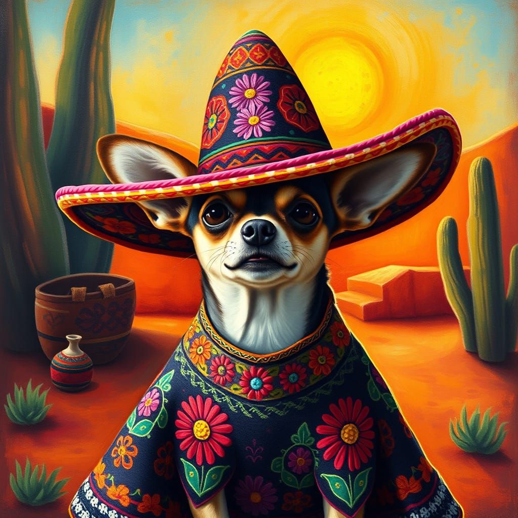 Chihuahua in Sombrero, Mexican Folk Art Style