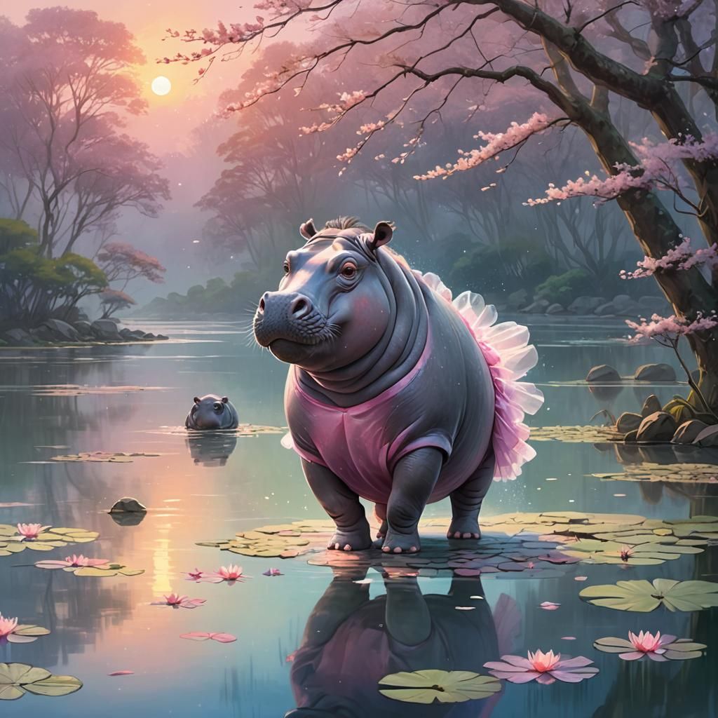 Hippo Ballet Dancer on Misty Lake, Anime Style