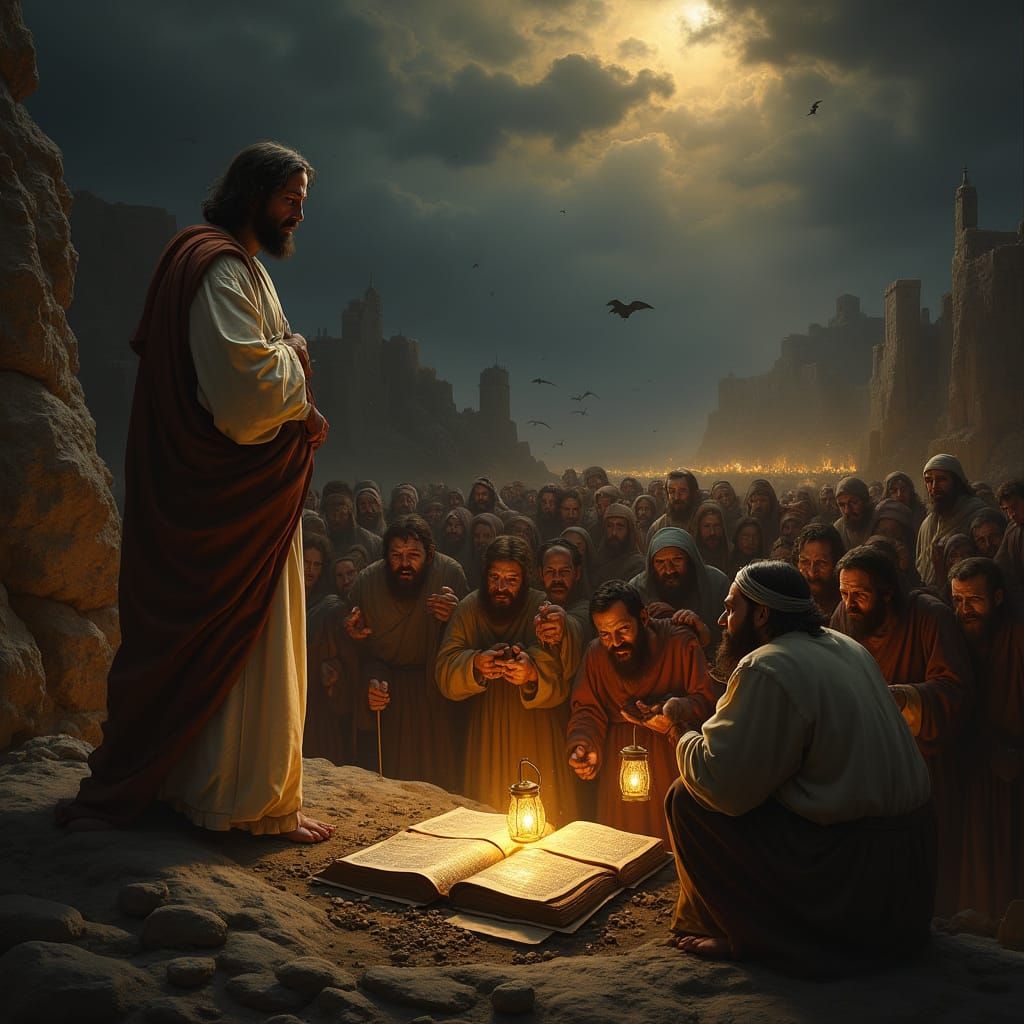 Biblical Scene of Jesus and Scribes in Dramatic Style