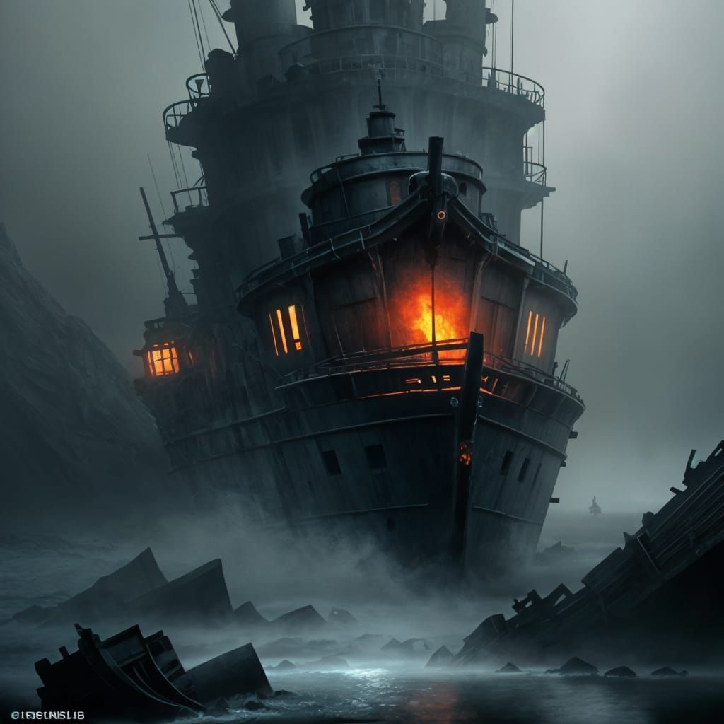 Haunted Shipwreck in Arctic Sea, Detailed Matte Painting