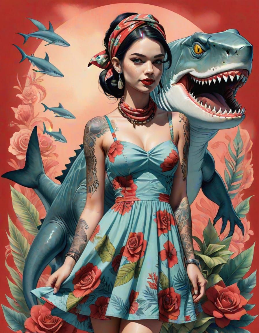 Limited Palette Watercolor of Woman with Shark Sundress and ...