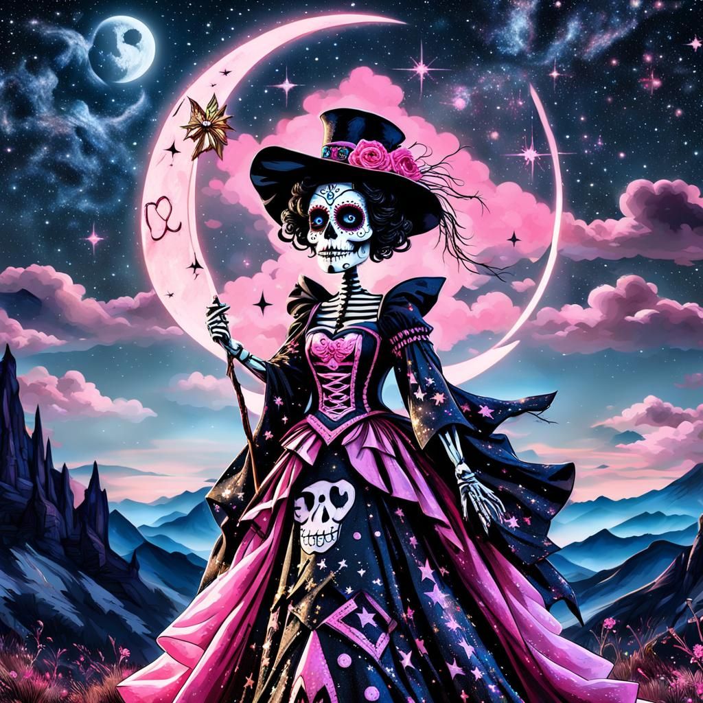 Sugar Skull Betty Boop Scarecrow in Moonlight