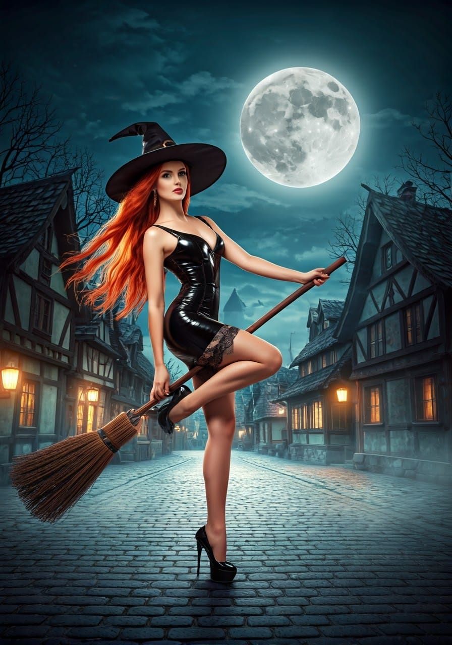 A striking scene unfolds with an elegant witch with very lon...