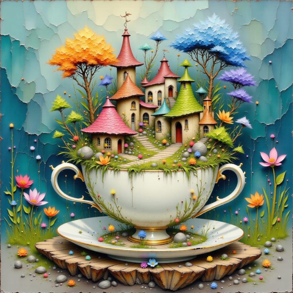 Miniature Village in Teacup: Watercolor Painting