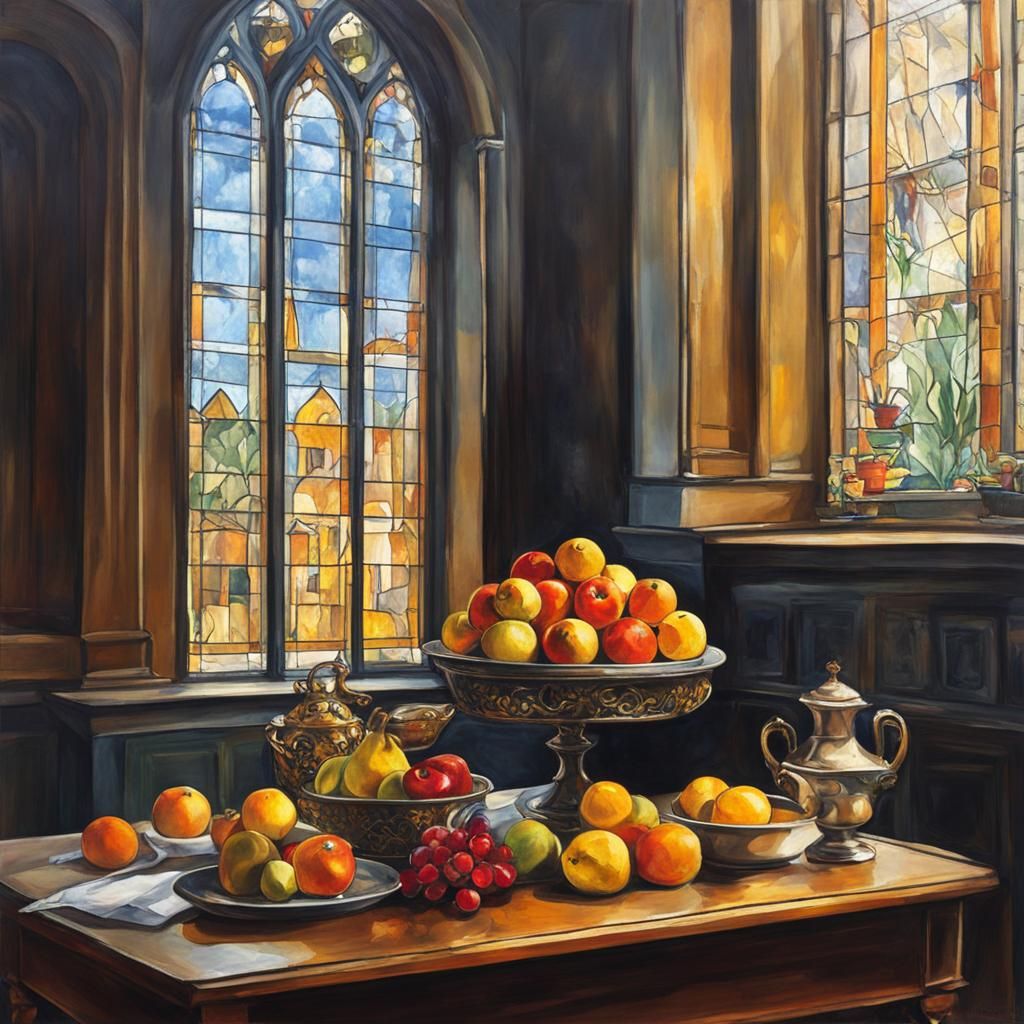 Cezanne-Inspired Still Life in Ornate Museum Hall