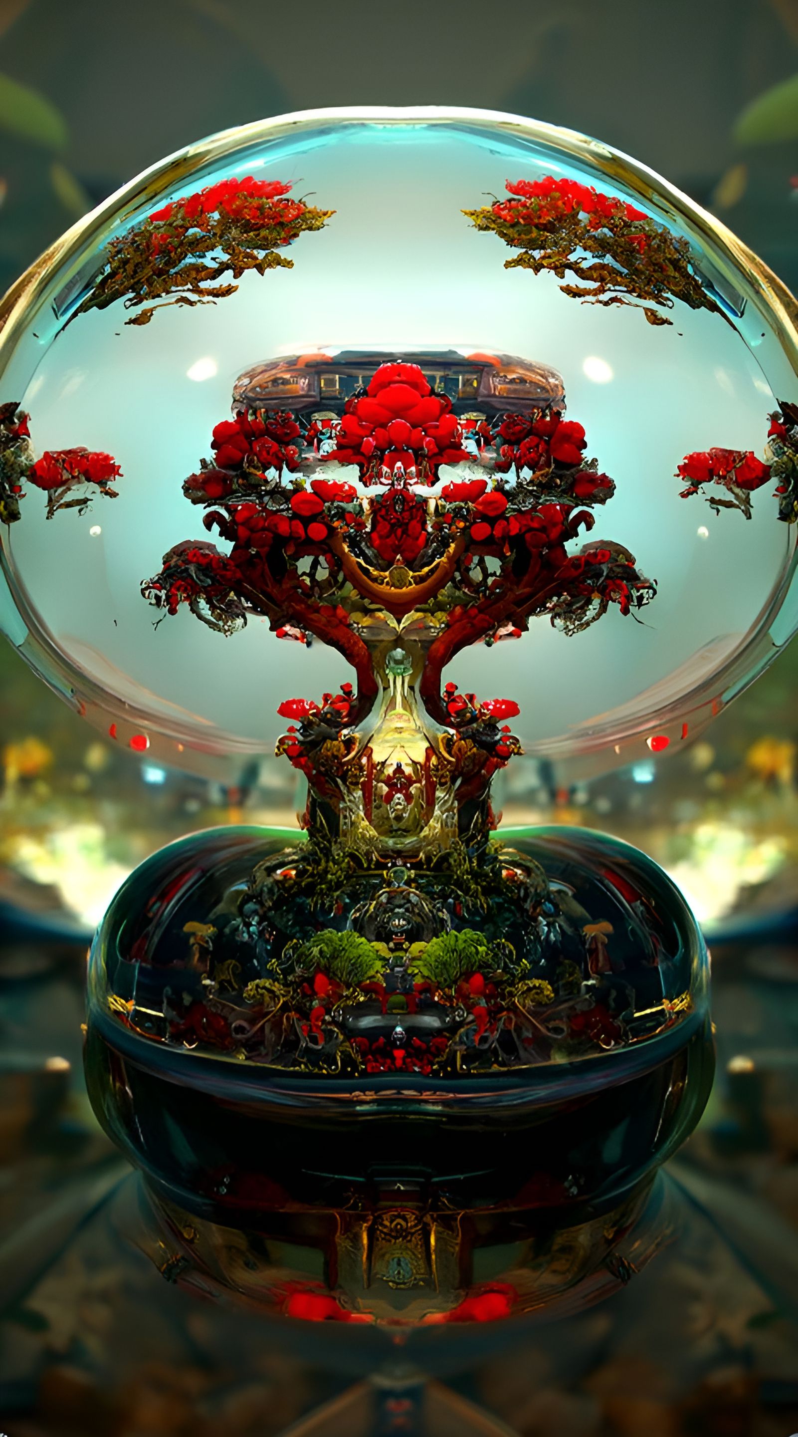 Red Bonsai Tree in Bubble: Detailed Fantasy Art