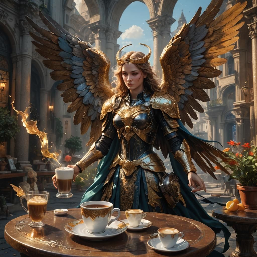 Archangel Haniel Enjoying Coffee: Hyperrealistic Splash Art