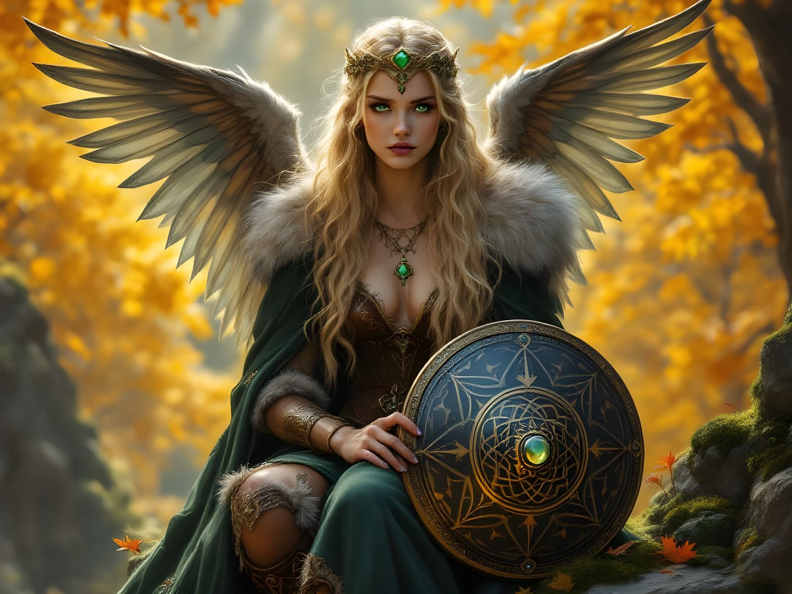 Vigilant Valkyrie Goddess Fréyja Surveys Autumn Landscape