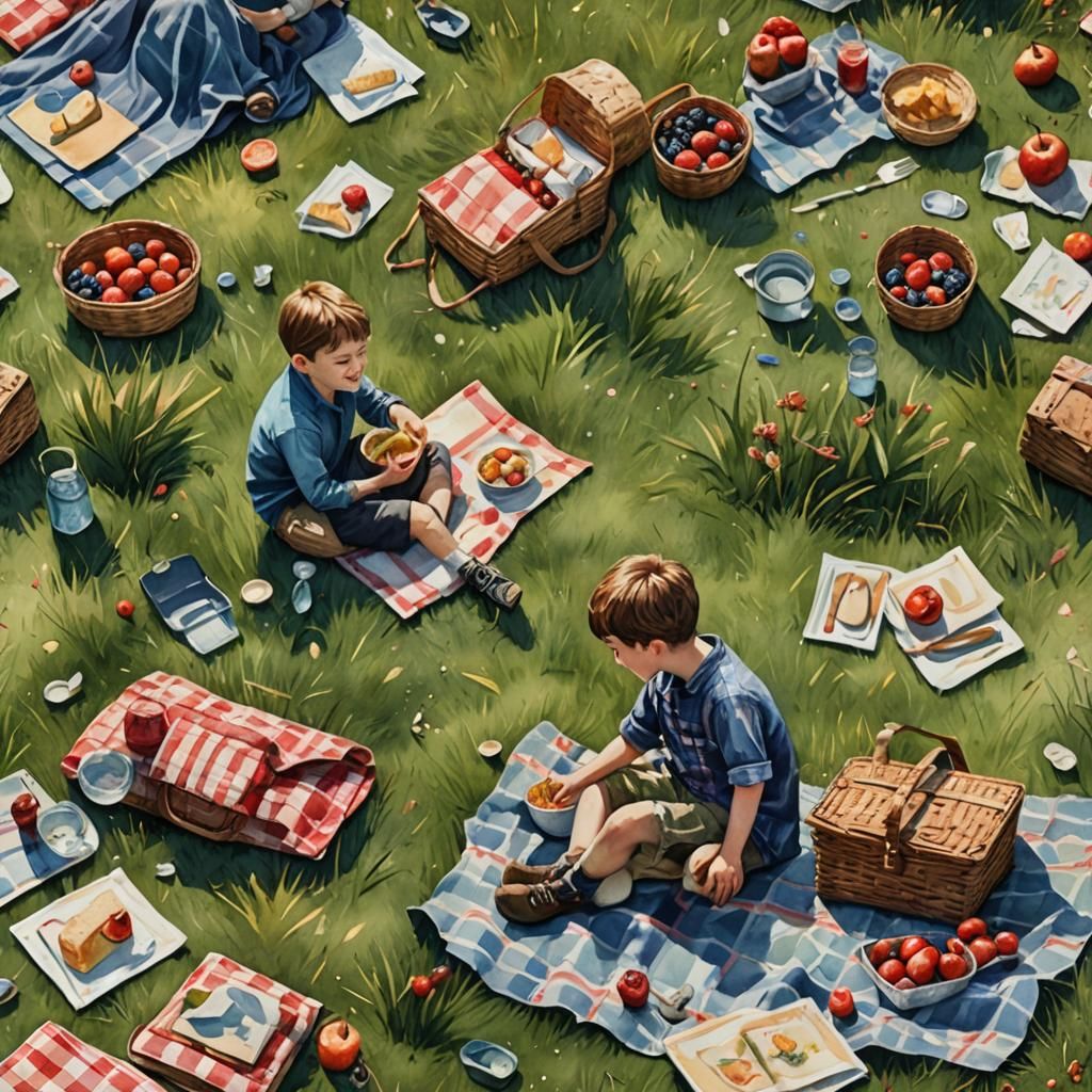 Watercolor Picnic: Kids on Grass, Detailed Art