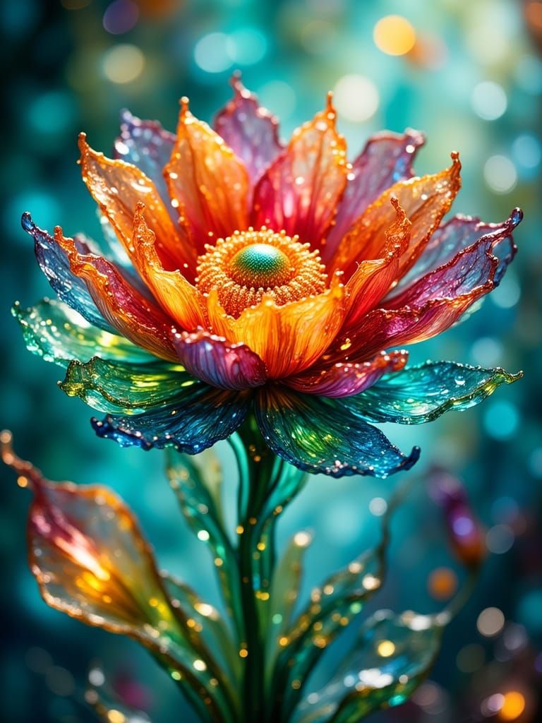 Surreal Glass Flower Macro Portrait in Crimson and Teal