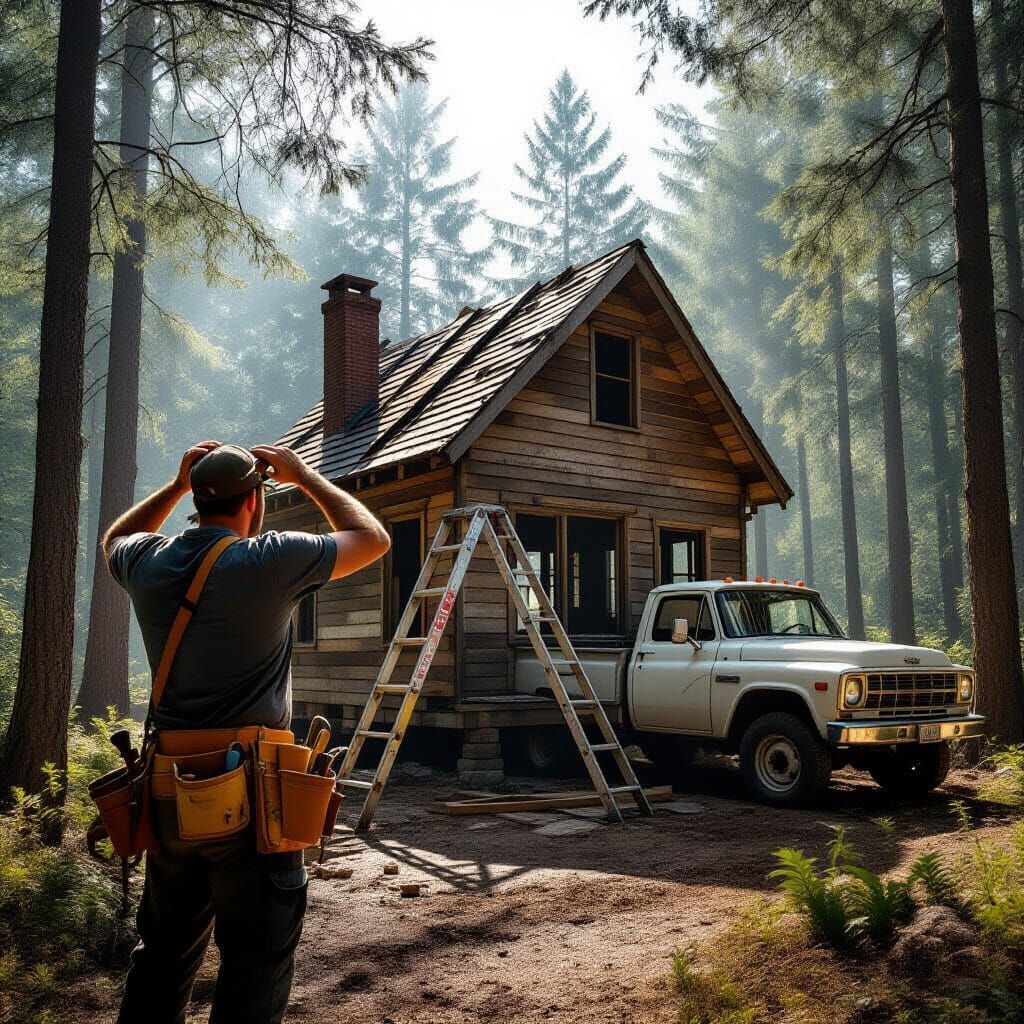 Man Works on Crooked House in Forest, 8K Photo