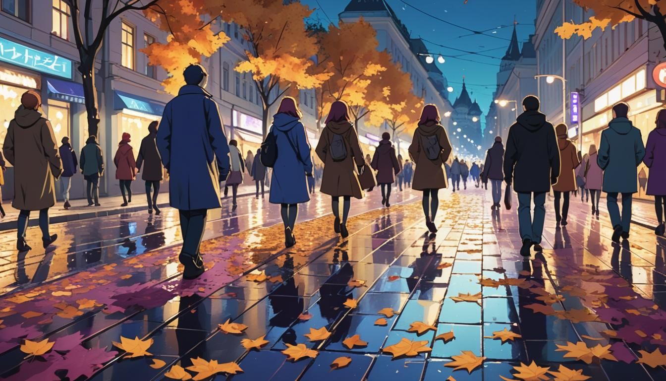 Moscow Nightscape in Manga Style with Autumn Leaves