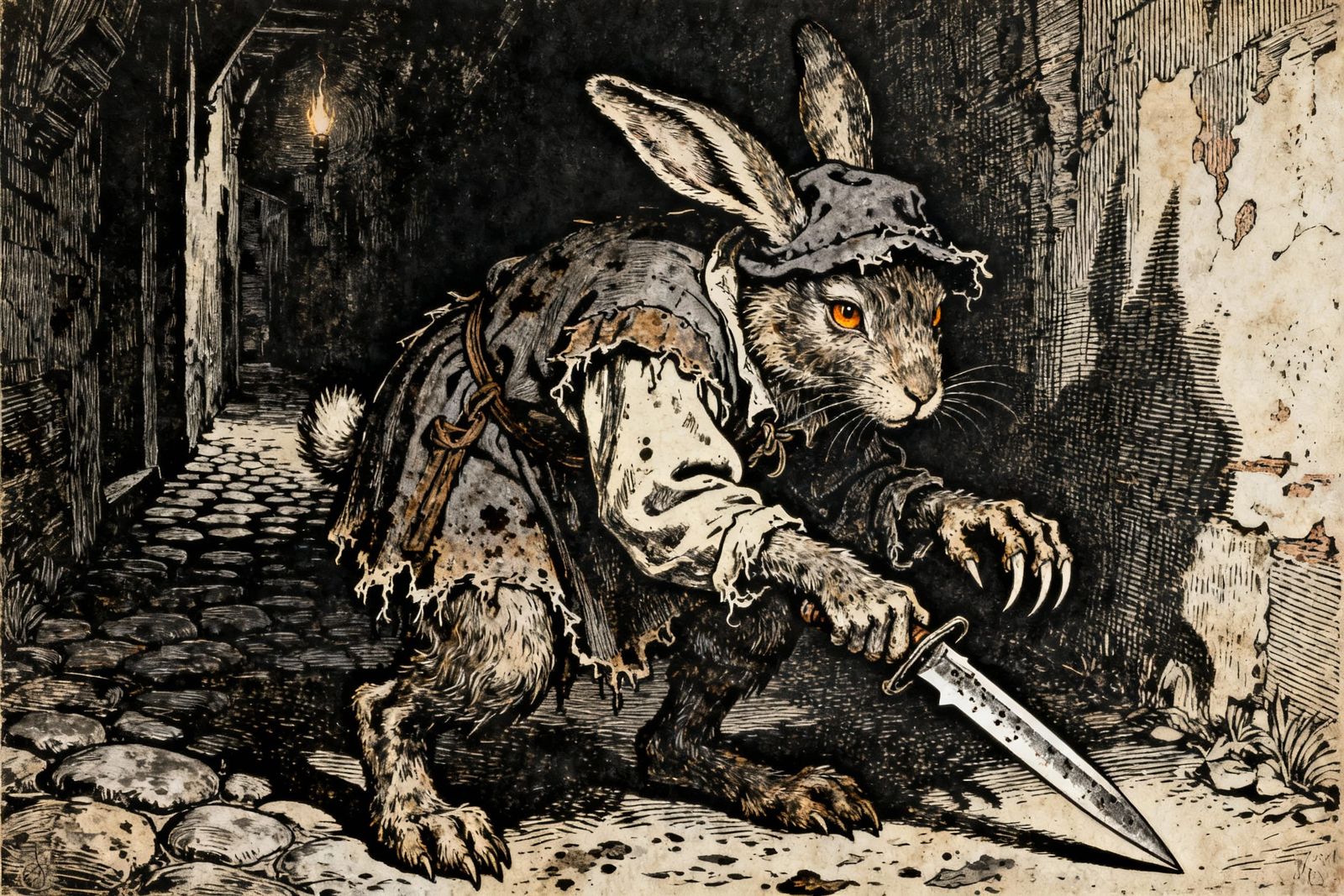 Furtive Rabbit Thief Draws Dagger in Medieval Style