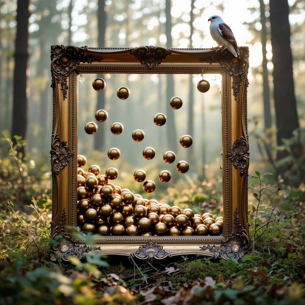 Antique Picture Frame in Forest with Bronze Spheres