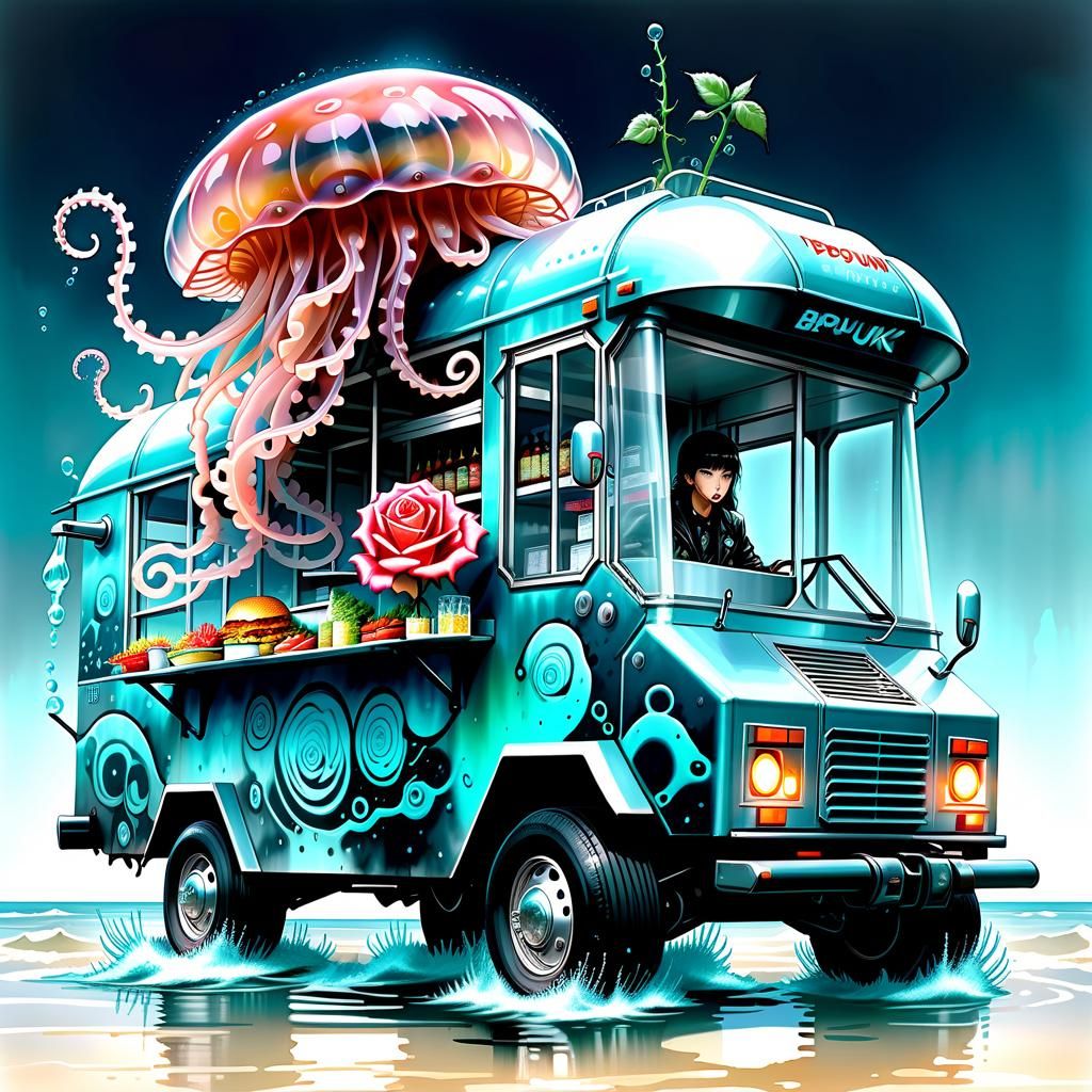 Biopunk Food Truck and Jellyfish Hybrid in Alcohol Ink