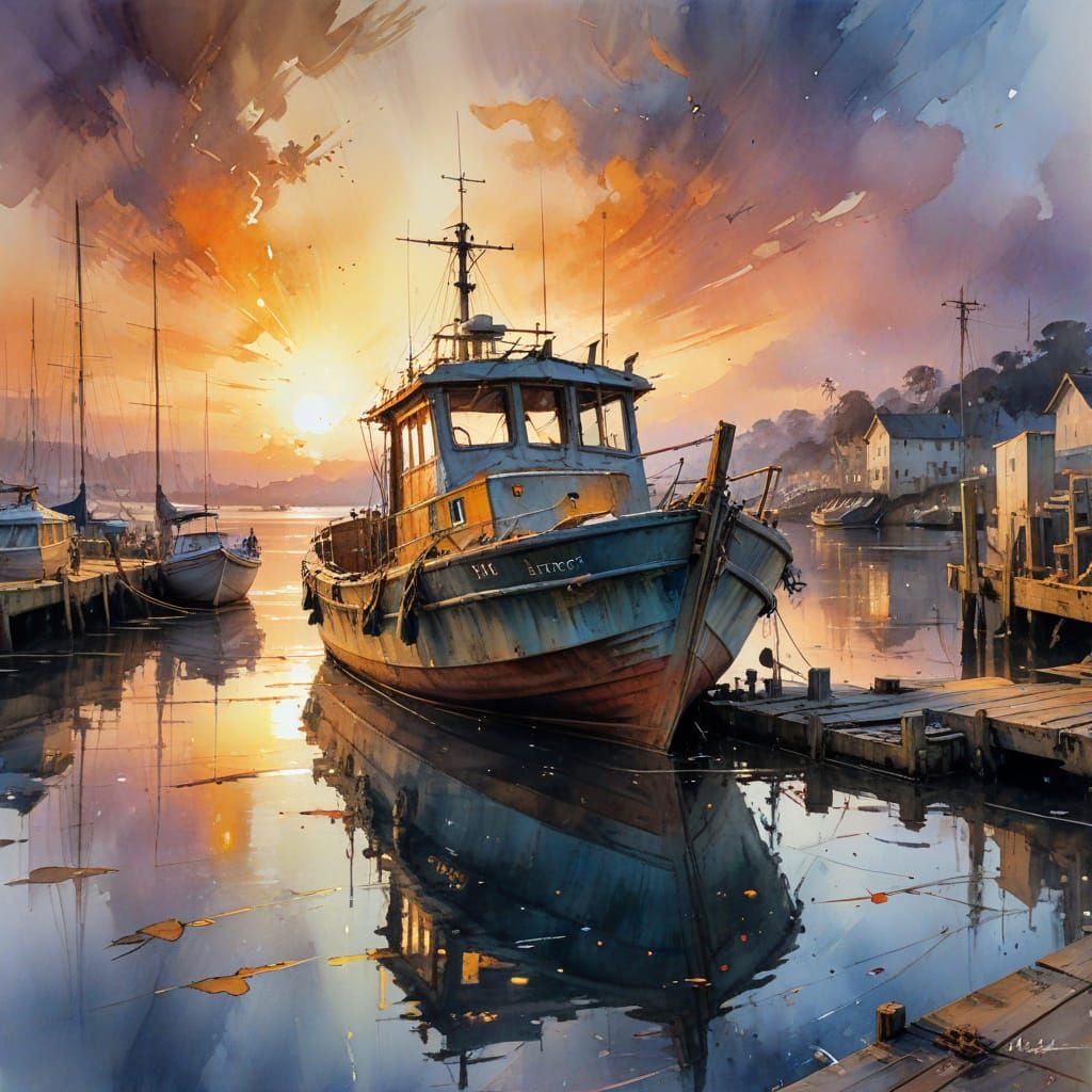 Watercolor Sunset Masterpiece of an Old Boat at Dock