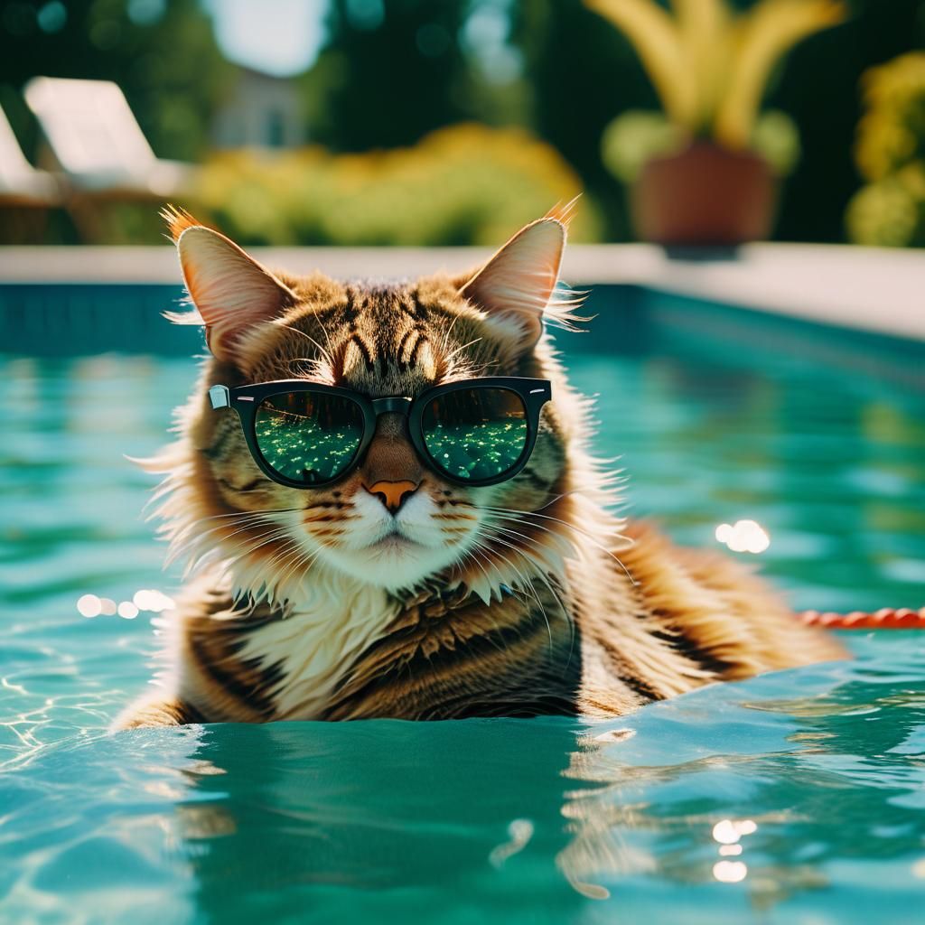 Cat in Sunglasses: Summer Poolside Film Still