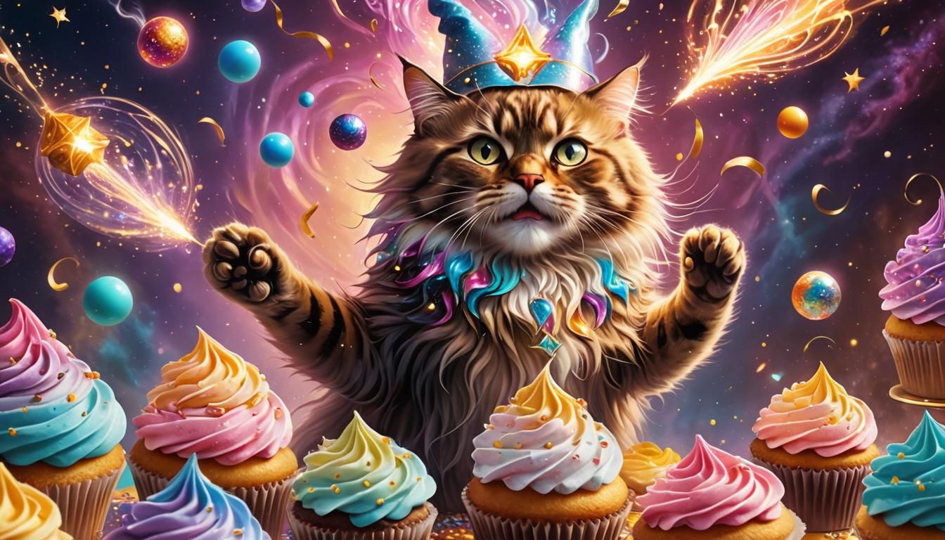 Magical Wizard Cat Conjuring Cupcakes in Digital Art