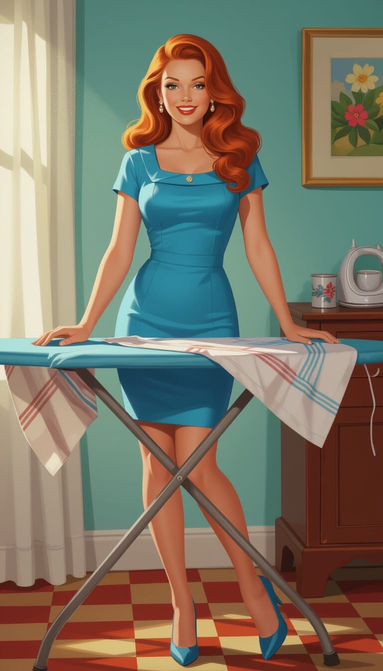 Happy 1960s Housewife Ironing Clothes: Hyperrealistic Image