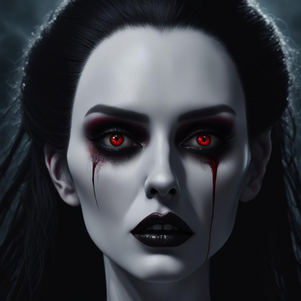 Unhinged banshee with long black hair and red eyes with tear...