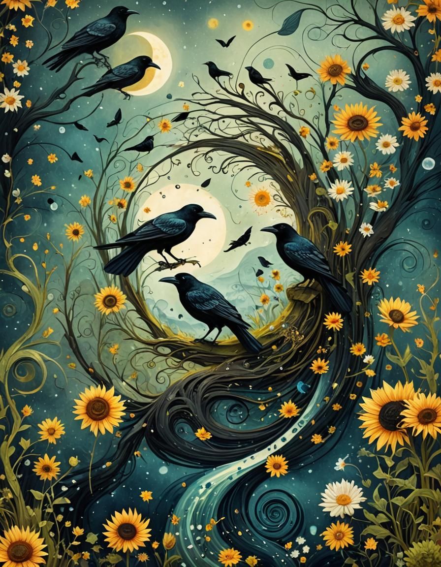 Surreal Yin Yang Raven Landscape in Watercolor Style