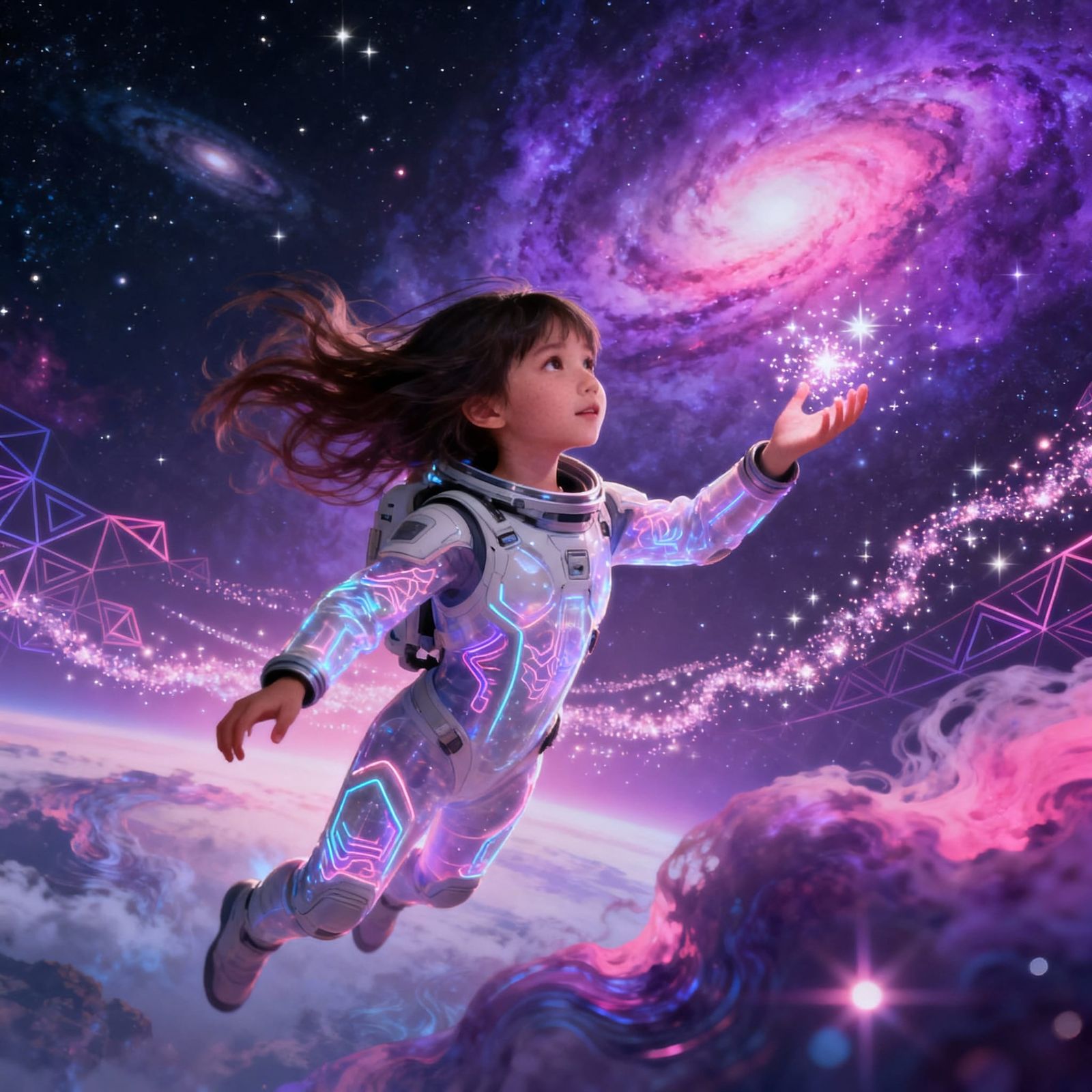 Girl in Space with Glowing Stardust, Hyper-Realistic Sci-Fi