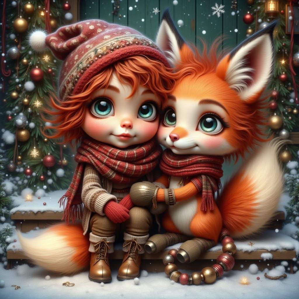 Child and Fox Sing Carols on Snowy Doorstep