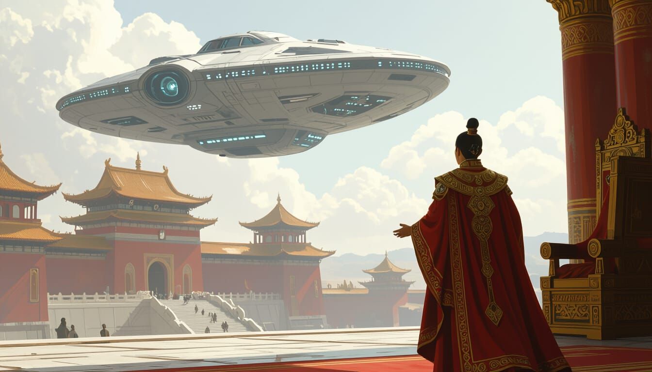 Shocked Emperor Gazing at Alien Spaceship in Palace