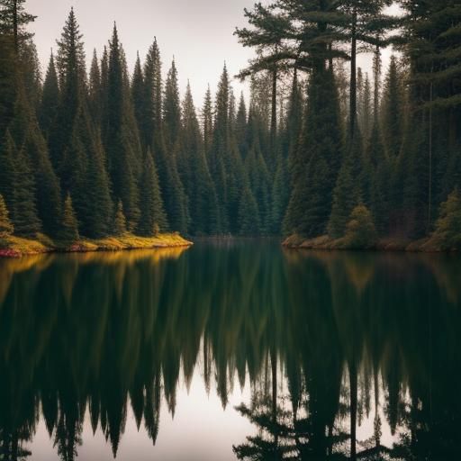 Forest Lake with Dramatic Lighting and Reflections