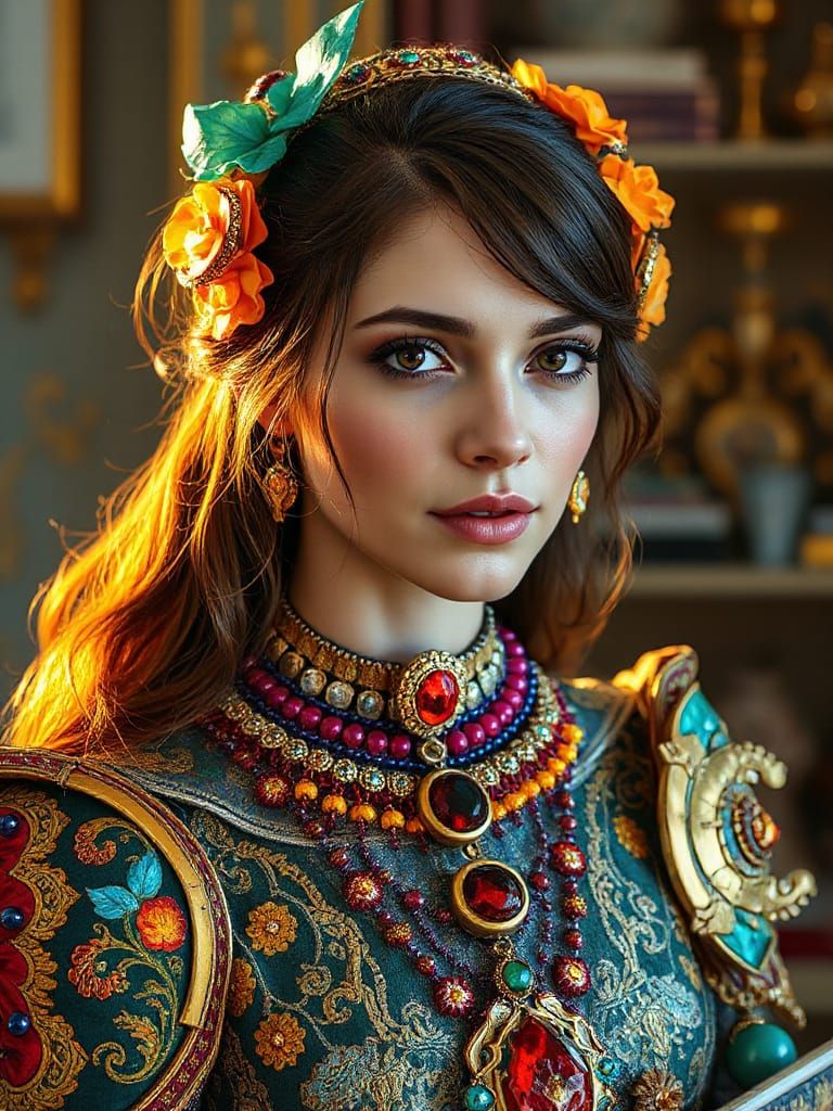 Hyperrealistic Fantasy Queen in Ornate Armor Dress