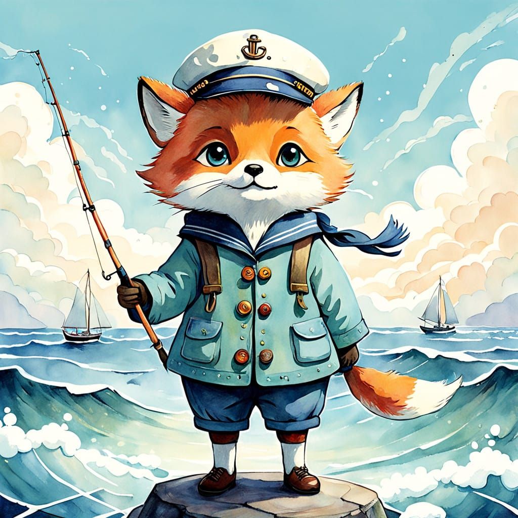 Whimsical Sea Fox in Sailor's Hat, Watercolor Cartoon