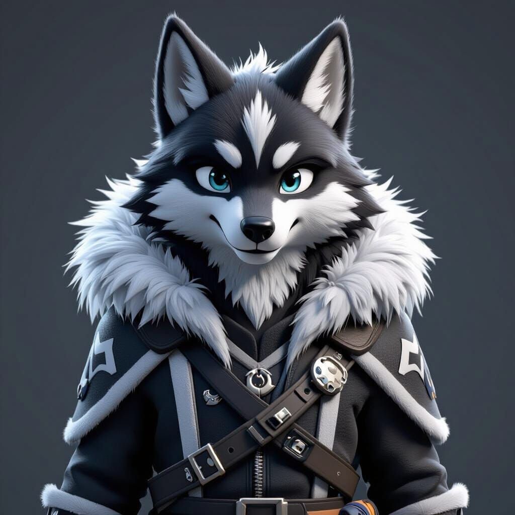 Cartoony Black and White Wolf Furry in 3D Anime Style
