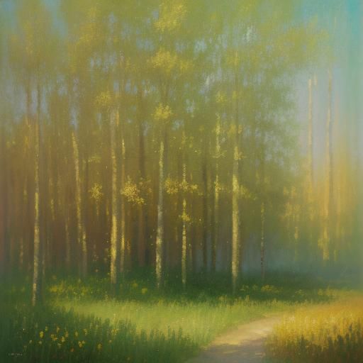 Golden Green Impressionist Oil Painting in Monet Style