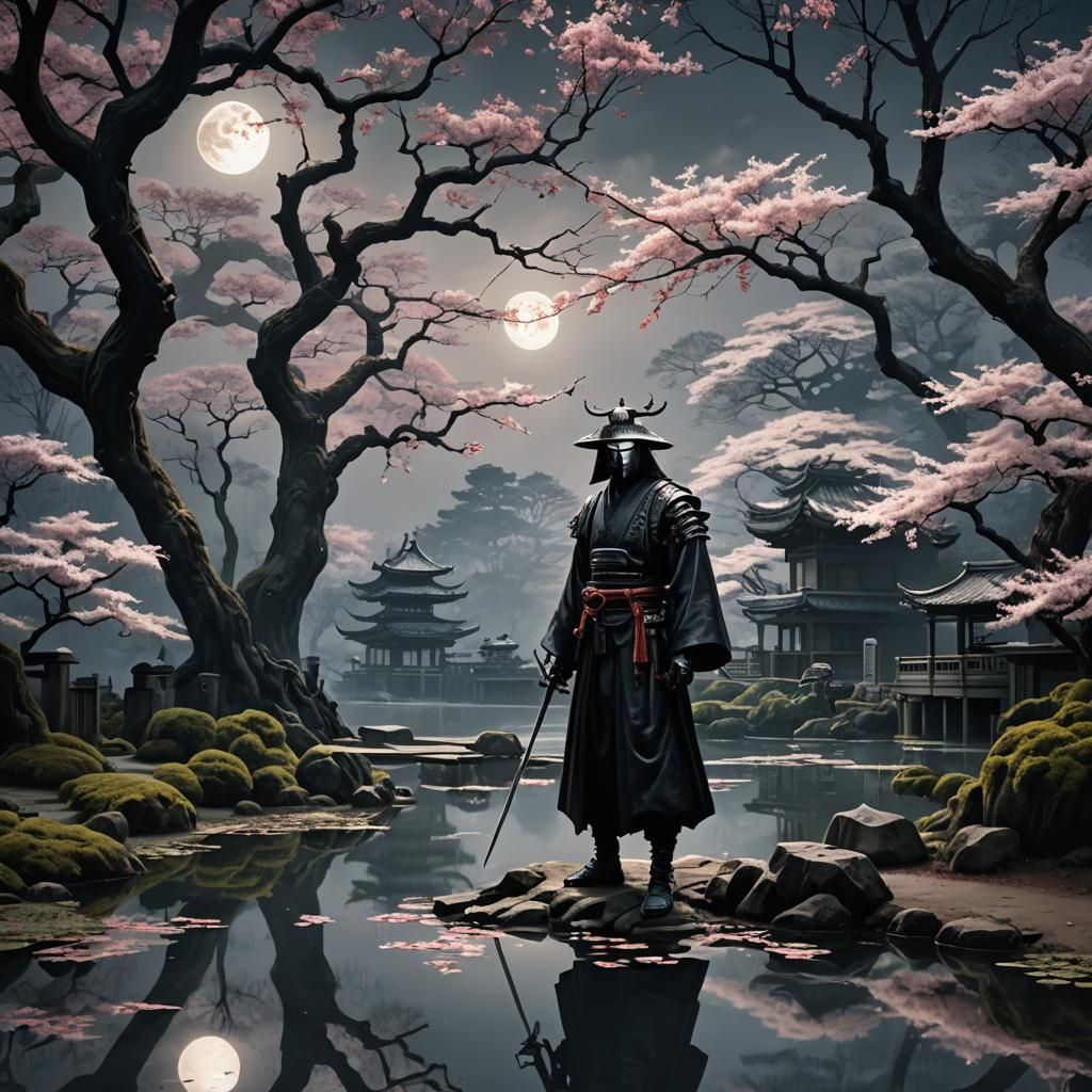 Anime Villain in Moonlit Japanese Garden