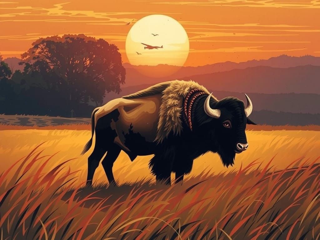 Vibrant Stained Glass Art Depicting a Majestic Bison