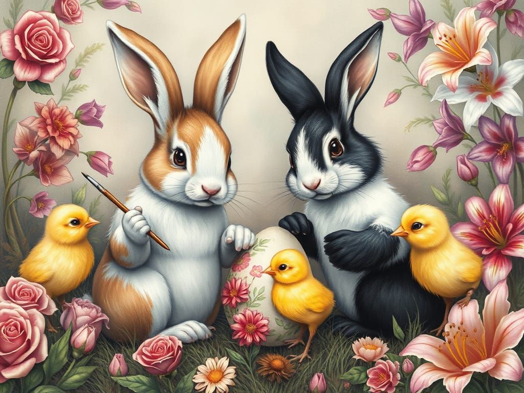 Whimsical Easter Scene with Bunnies Painting Eggs