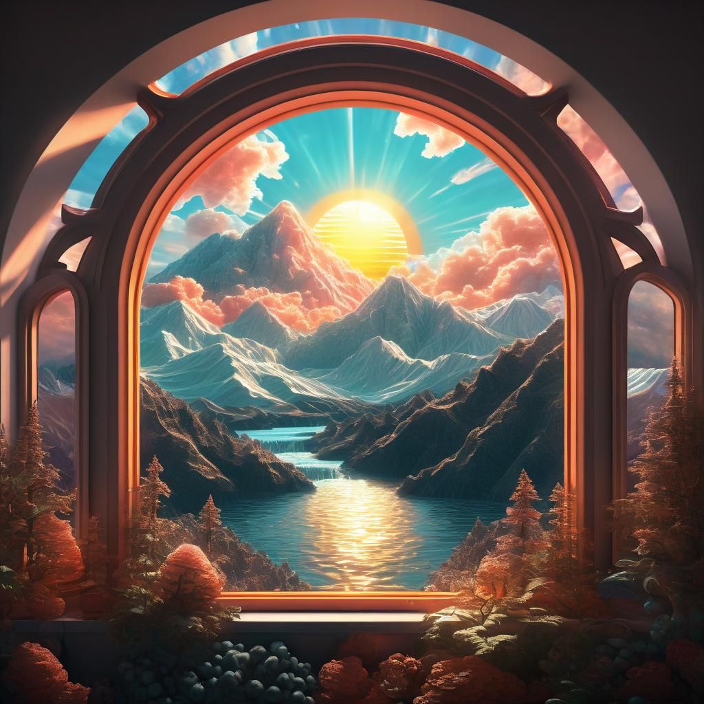 Salmon Sunset Over Mountain in Cosmic Style