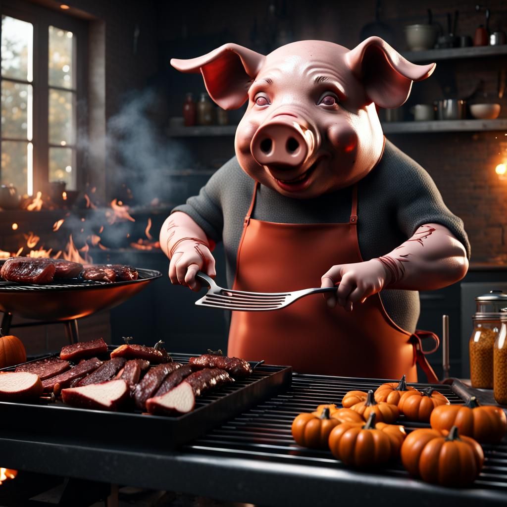 Humanoid Pig Cooks on Man-Eating BBQ in Dark Fairytale