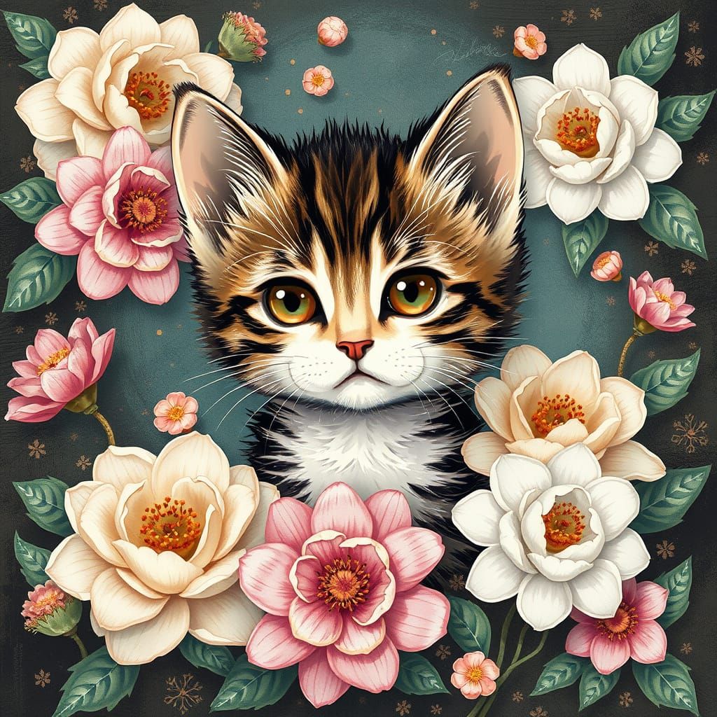 Vibrant Kitten Blooms in Whimsical Mixed Media Art