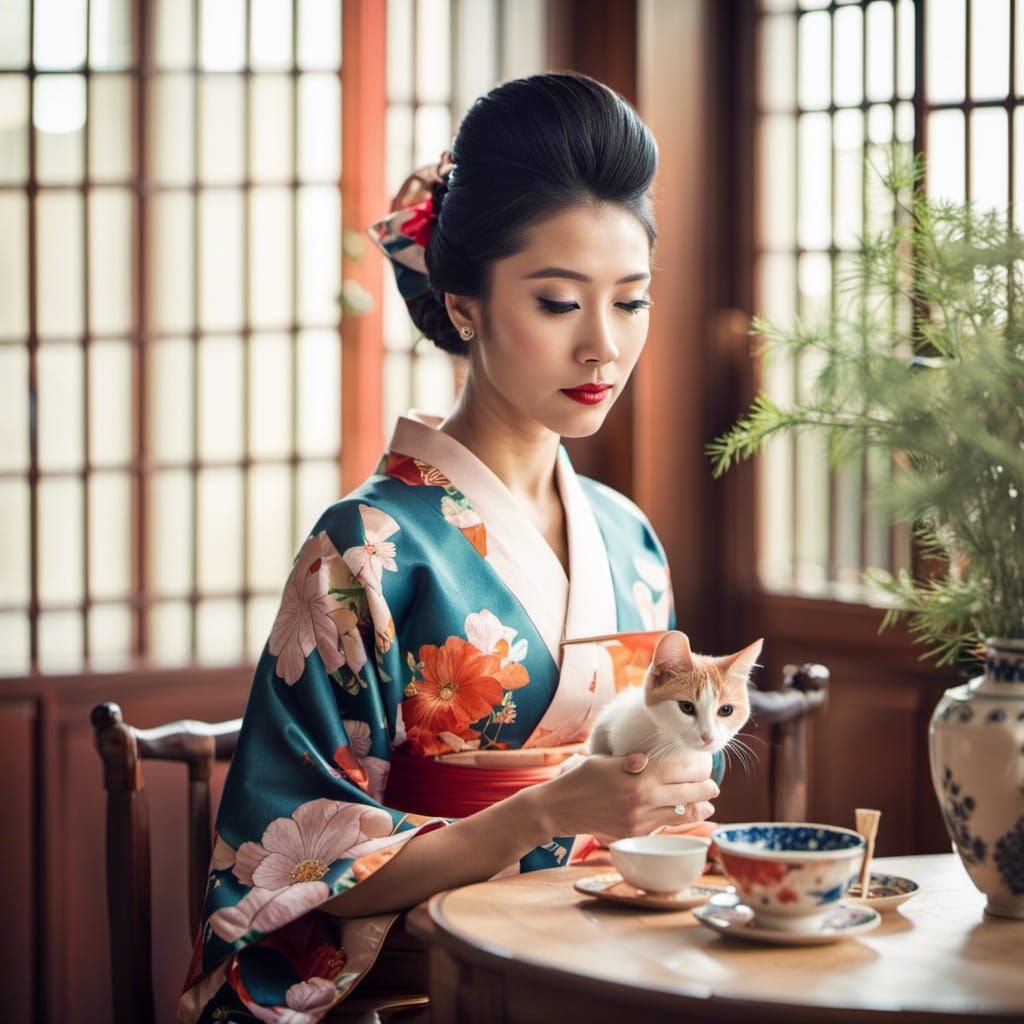 Beautiful Woman In a Kimono Holding A Cat