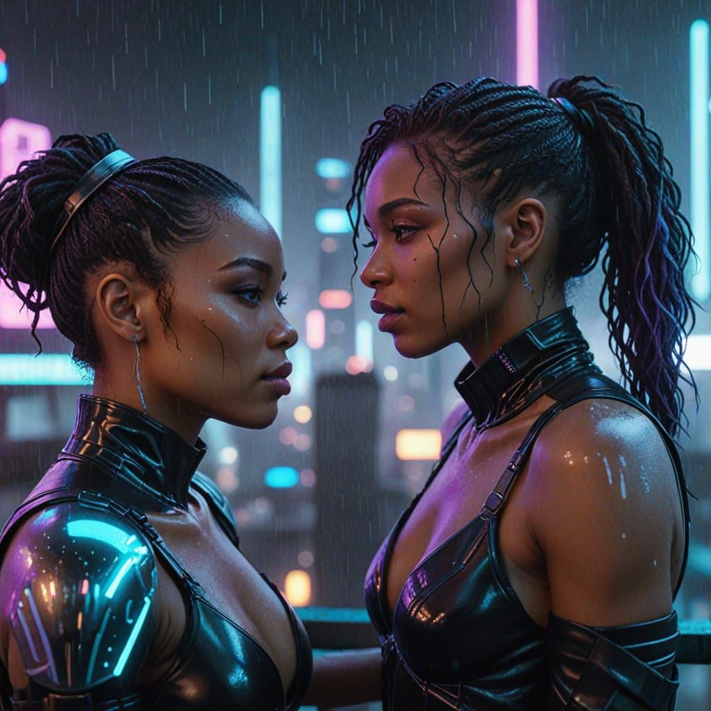 Black Women in Neon Futuristic City