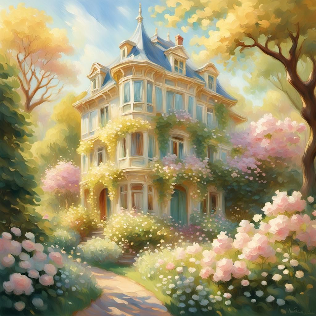 House in Flower Garden: Impressionistic Pastel Art