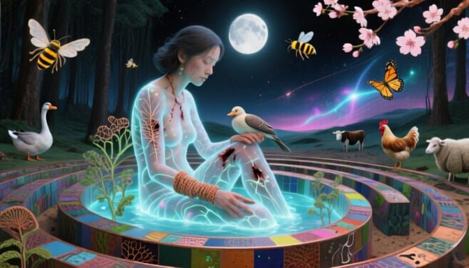 Sculptor Inside Spiral Sculpture: Surreal Bio-Art Collage