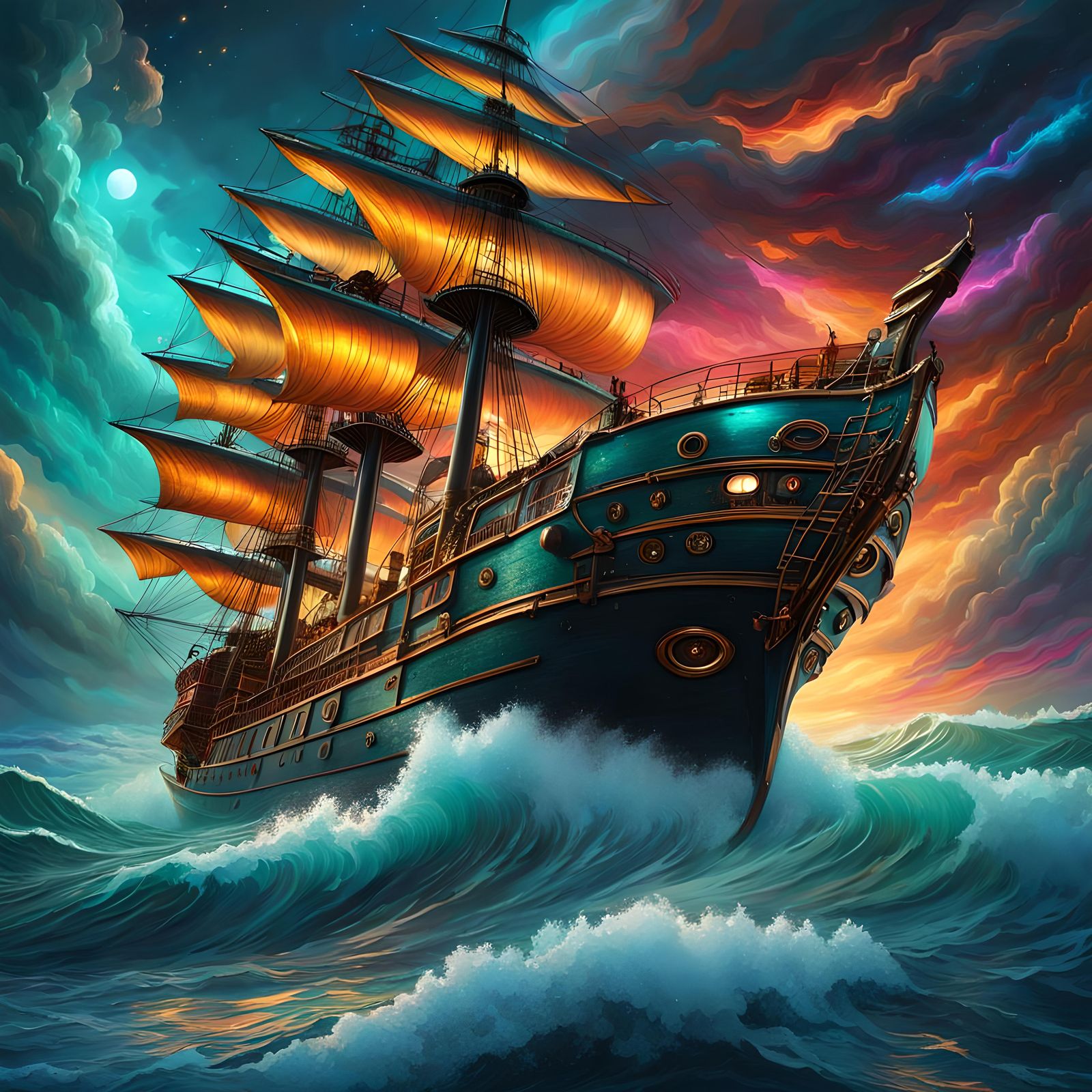 Steampunk Ship Rides Thunderous Cosmic Ocean Waves